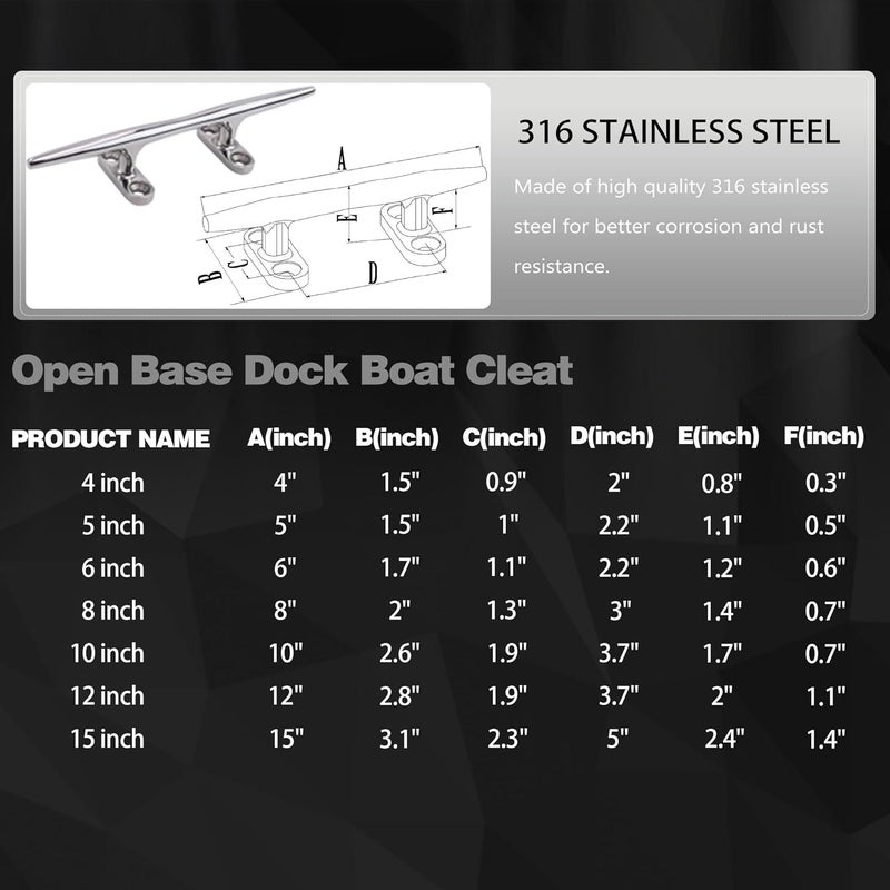Laorde Boat Cleat 4 inch 5 inch 6 inch 8 inch 10 inch Open Base 316 Stainless Steel Dock Cleat Marine Grade Rope Cleat with Fasteners for Kayaks, Nautical Decor - Image 3